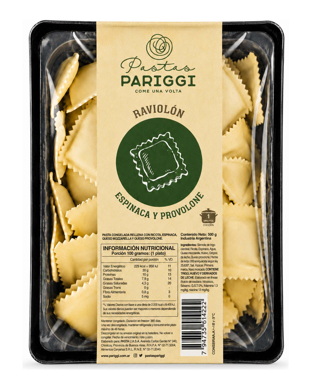Raviolón de Espinaca y Provolone — packaging Pariggi