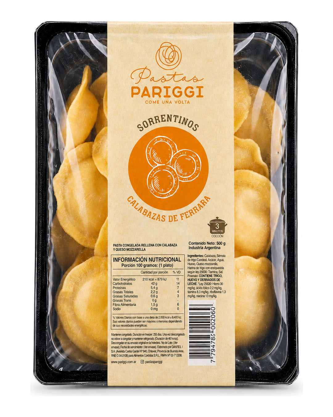 Sorrentinos de Calabaza — packaging Pariggi